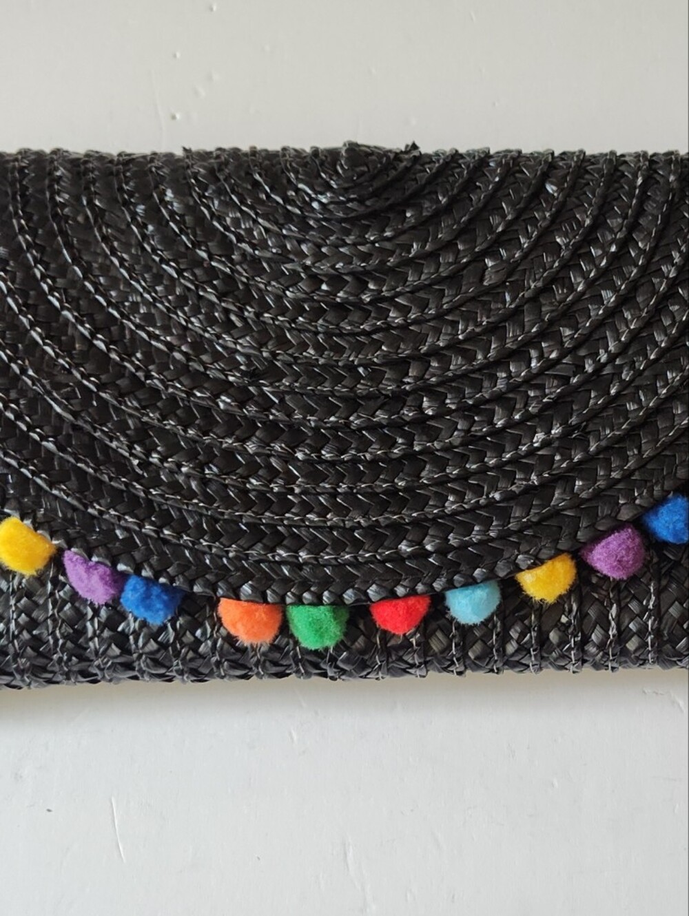 Black Straw Woven Multicolor Pom-Pom Clutch Purse